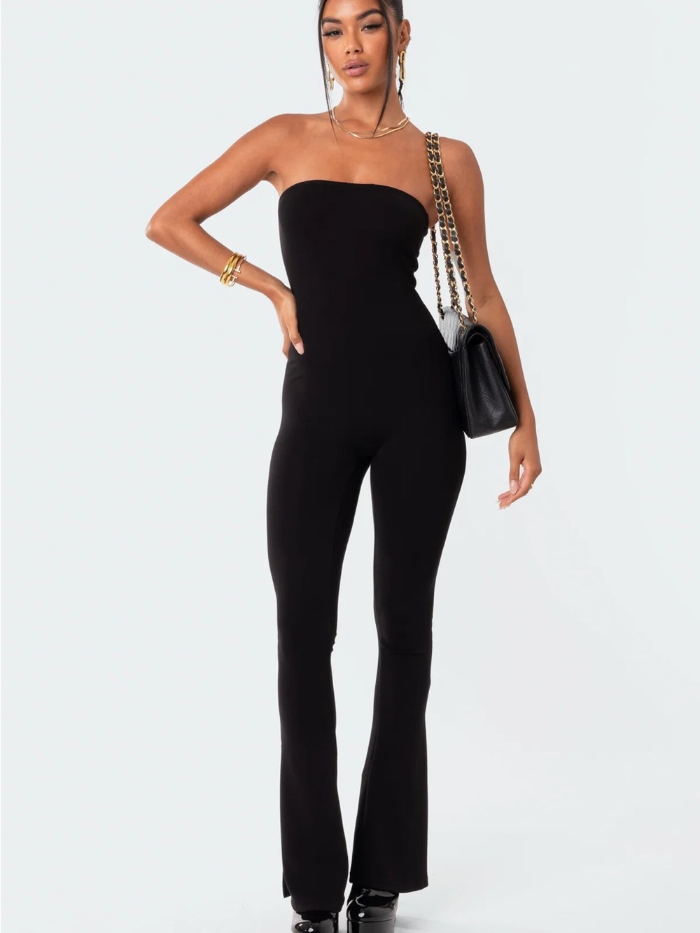 Edikted Melina Side Slits Flared Strapless Black Jumpsuit